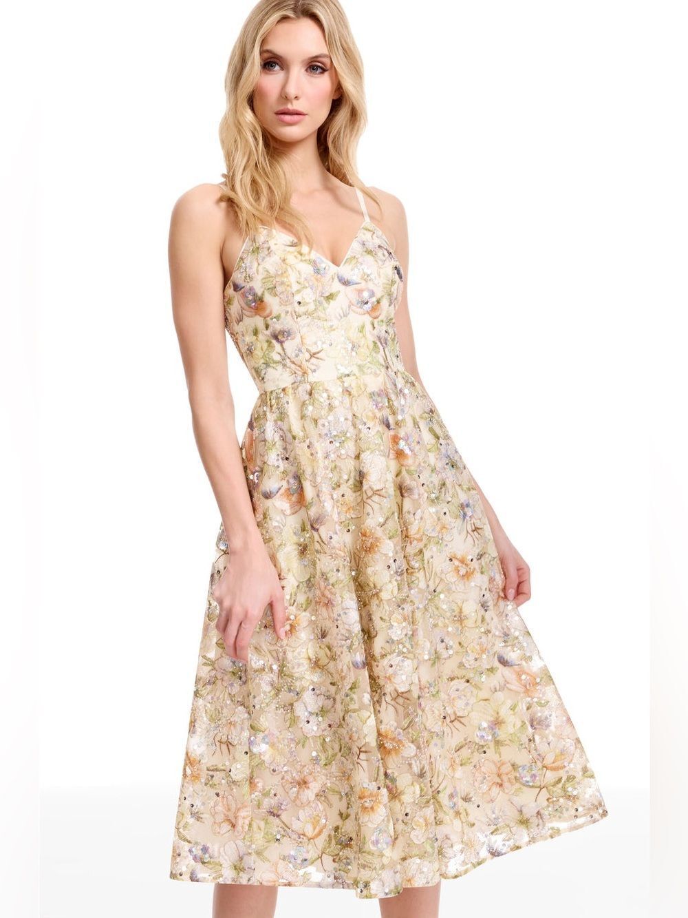Dress the Population Maren Dress Cream Floral Sequin Multicolor Embroidery Small